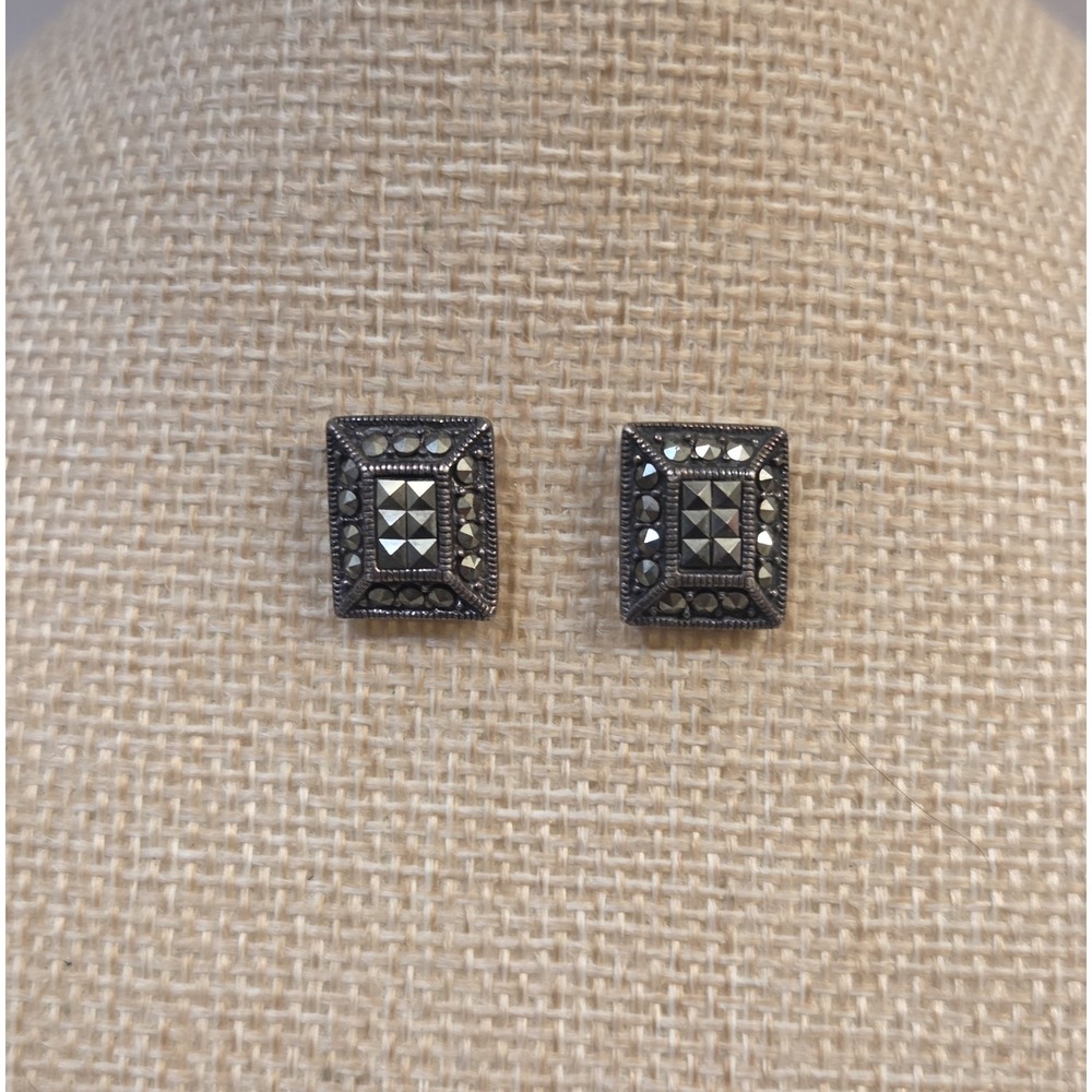 Beautiful Vintage Sterling Silver Marcasite Rectangle Stud Earrings Bali Style